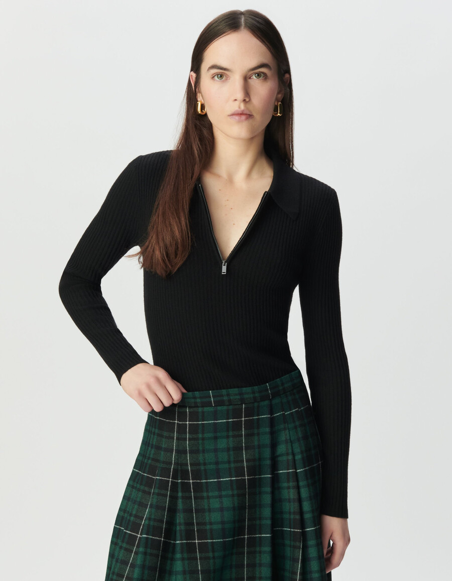 schwarzer damen-strickpullover aus reiner wolle mit reißverschluss und polokragen