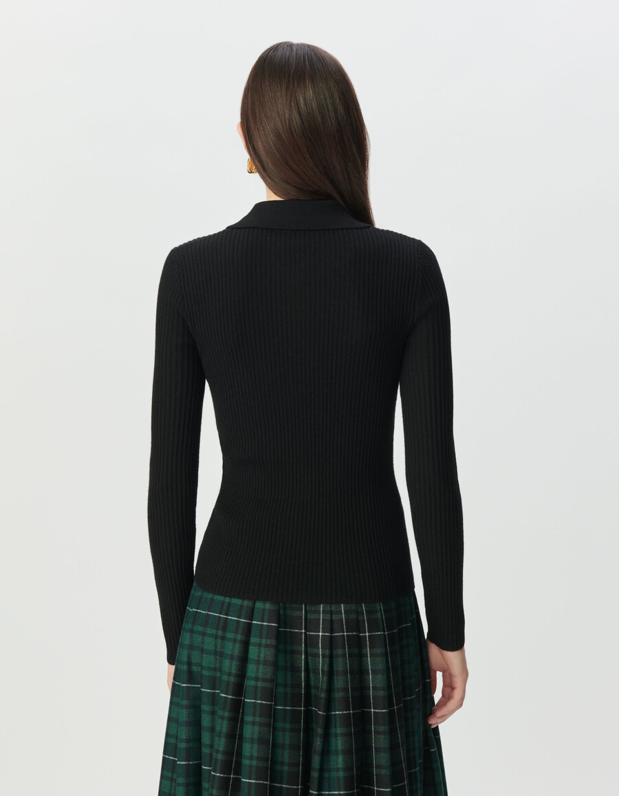 schwarzer damen-strickpullover aus reiner wolle mit reißverschluss und polokragen