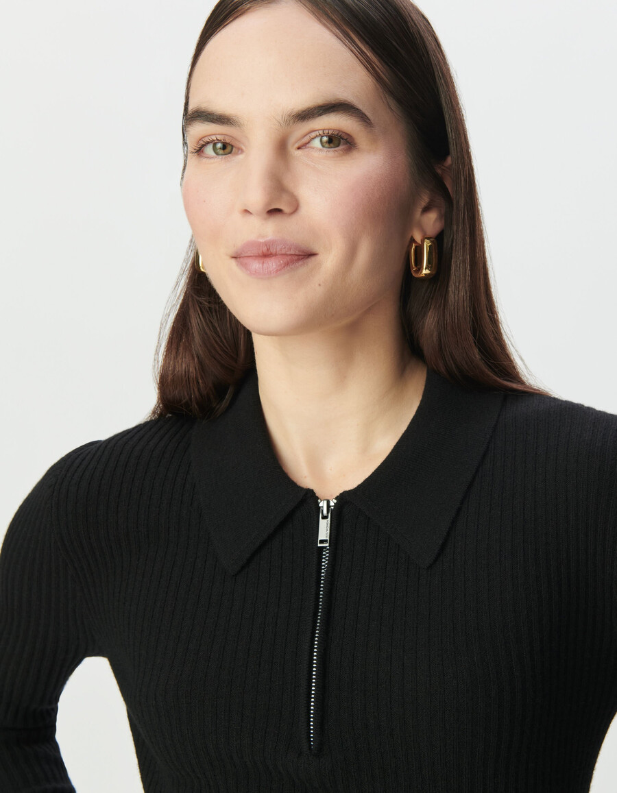 schwarzer damen-strickpullover aus reiner wolle mit reißverschluss und polokragen