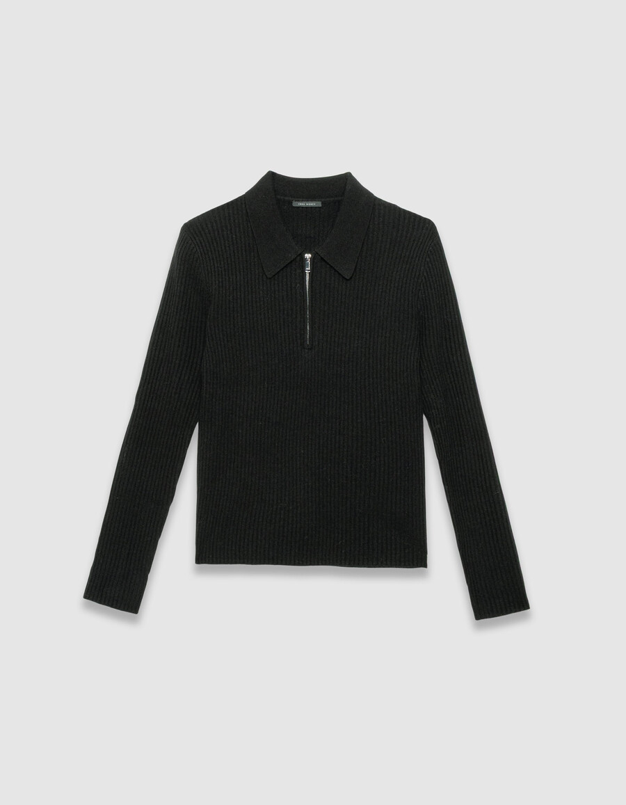 schwarzer damen-strickpullover aus reiner wolle mit reißverschluss und polokragen