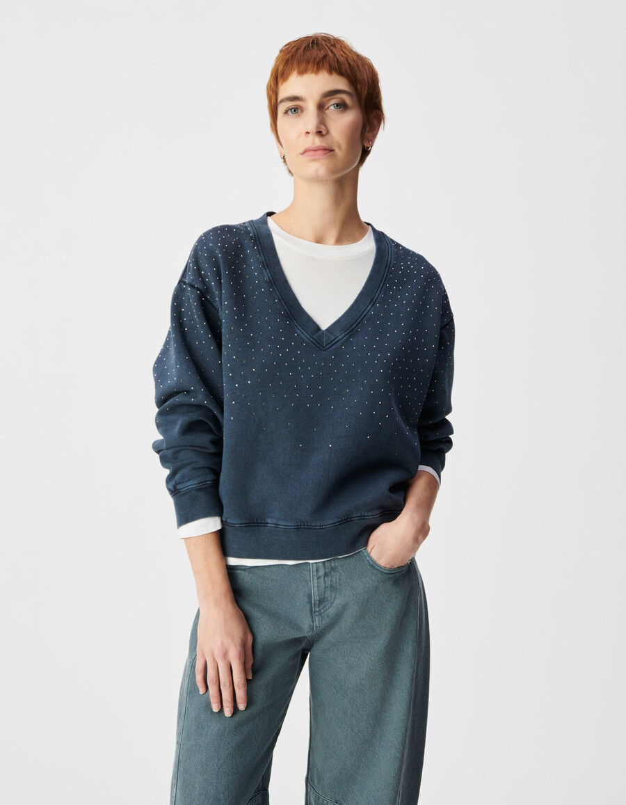 damen-pullover aus bio-baumwolle marineblau mit strasssteinen und v-ausschnitt