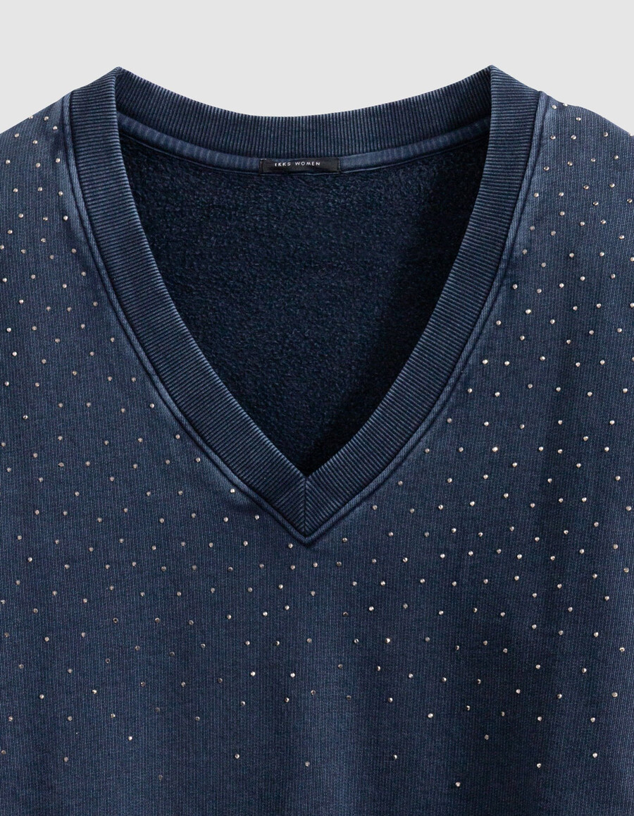 damen-pullover aus bio-baumwolle marineblau mit strasssteinen und v-ausschnitt