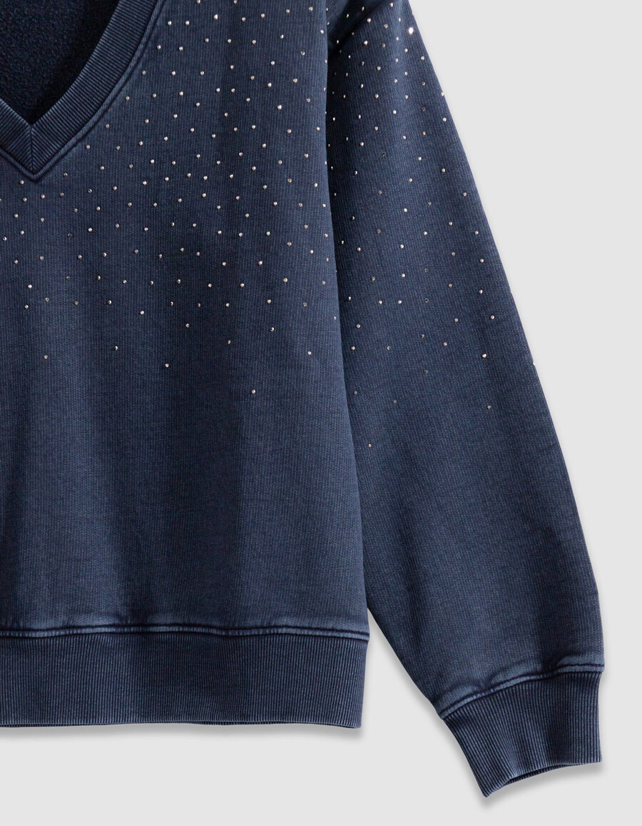 damen-pullover aus bio-baumwolle marineblau mit strasssteinen und v-ausschnitt