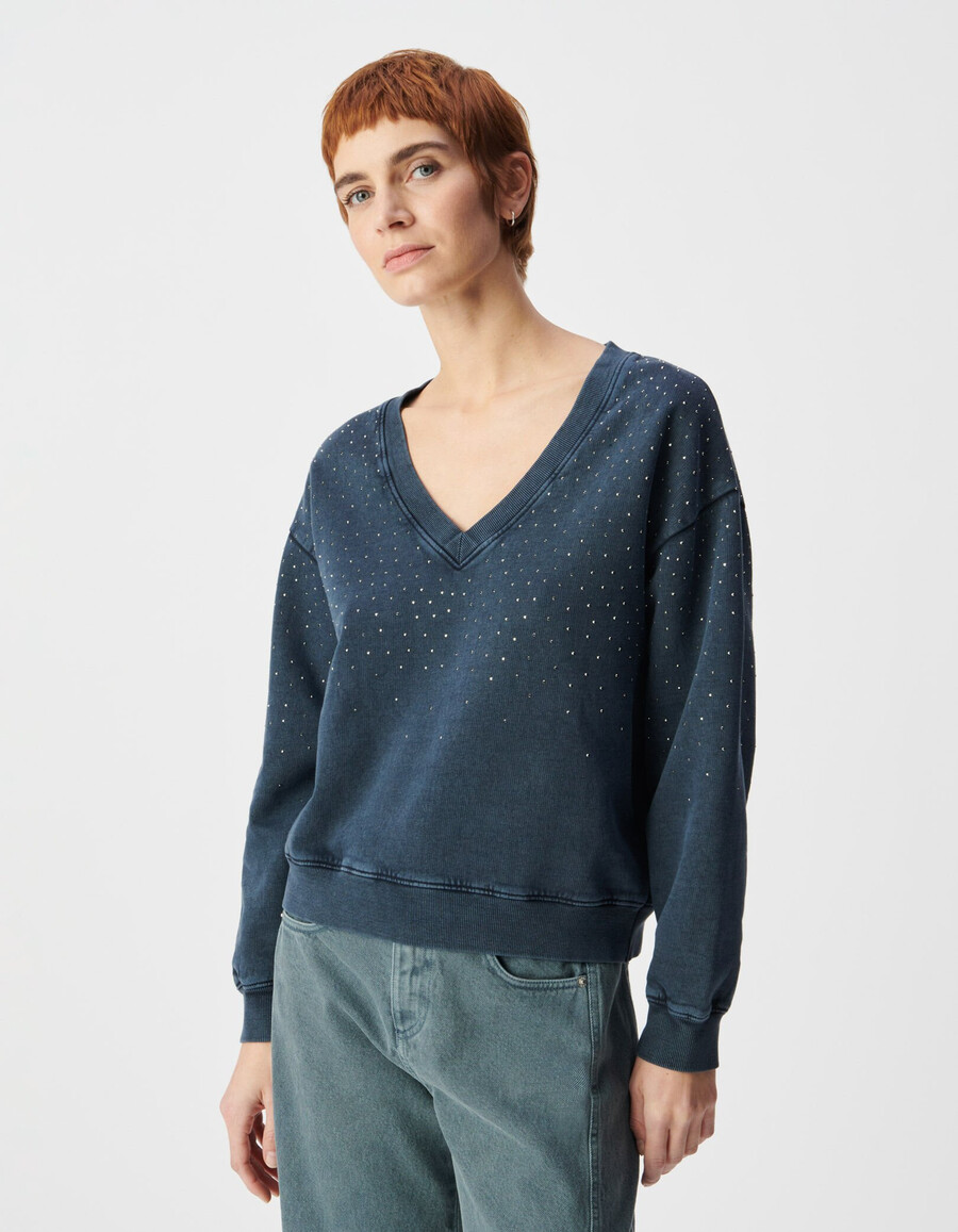 damen-pullover aus bio-baumwolle marineblau mit strasssteinen und v-ausschnitt
