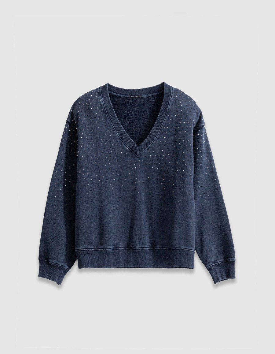 damen-pullover aus bio-baumwolle marineblau mit strasssteinen und v-ausschnitt