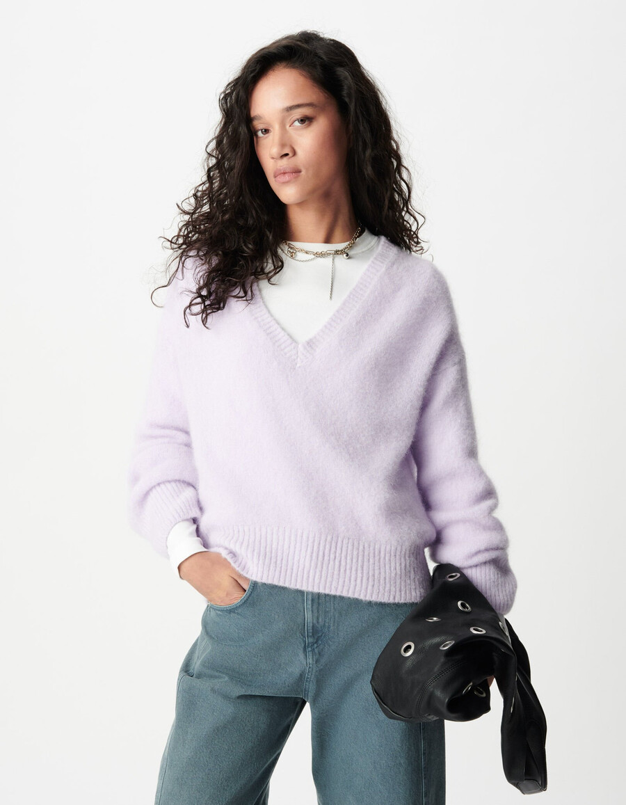 lila oversize-pullover mit v-ausschnitt für damen