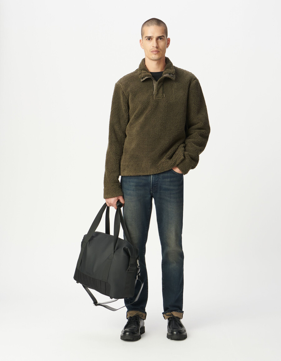 herren-sweatshirt aus khakifarbenem sherpa-strick mit reißverschluss am kragen