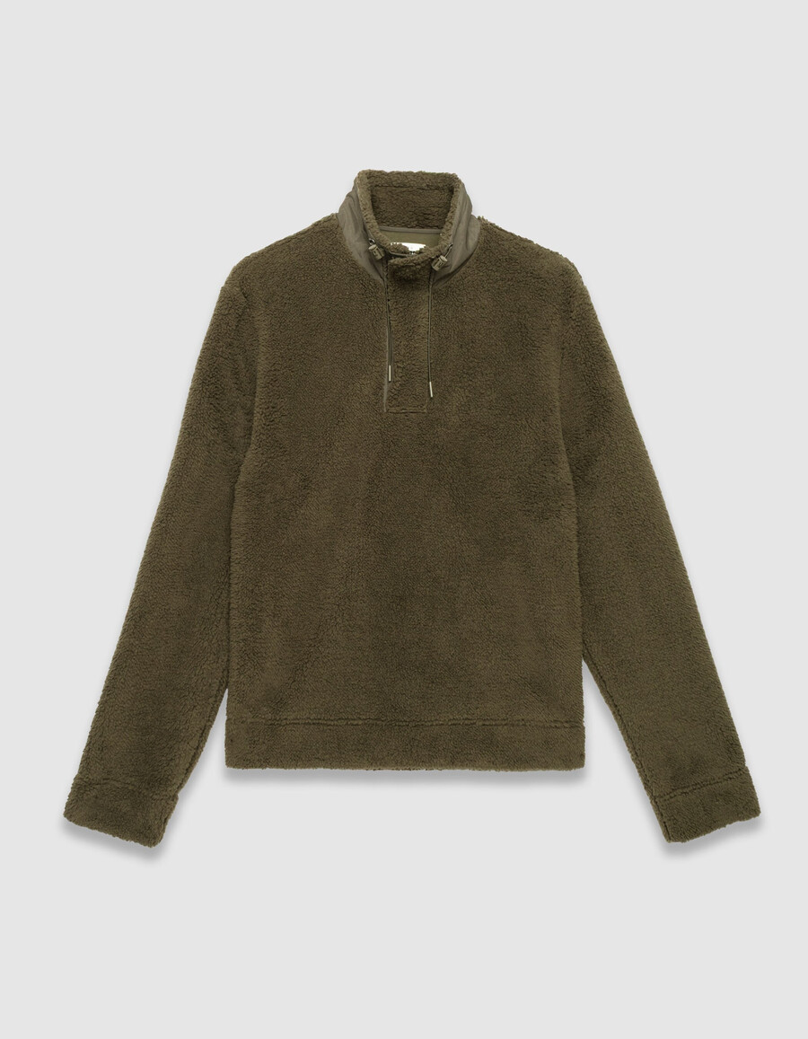 herren-sweatshirt aus khakifarbenem sherpa-strick mit reißverschluss am kragen