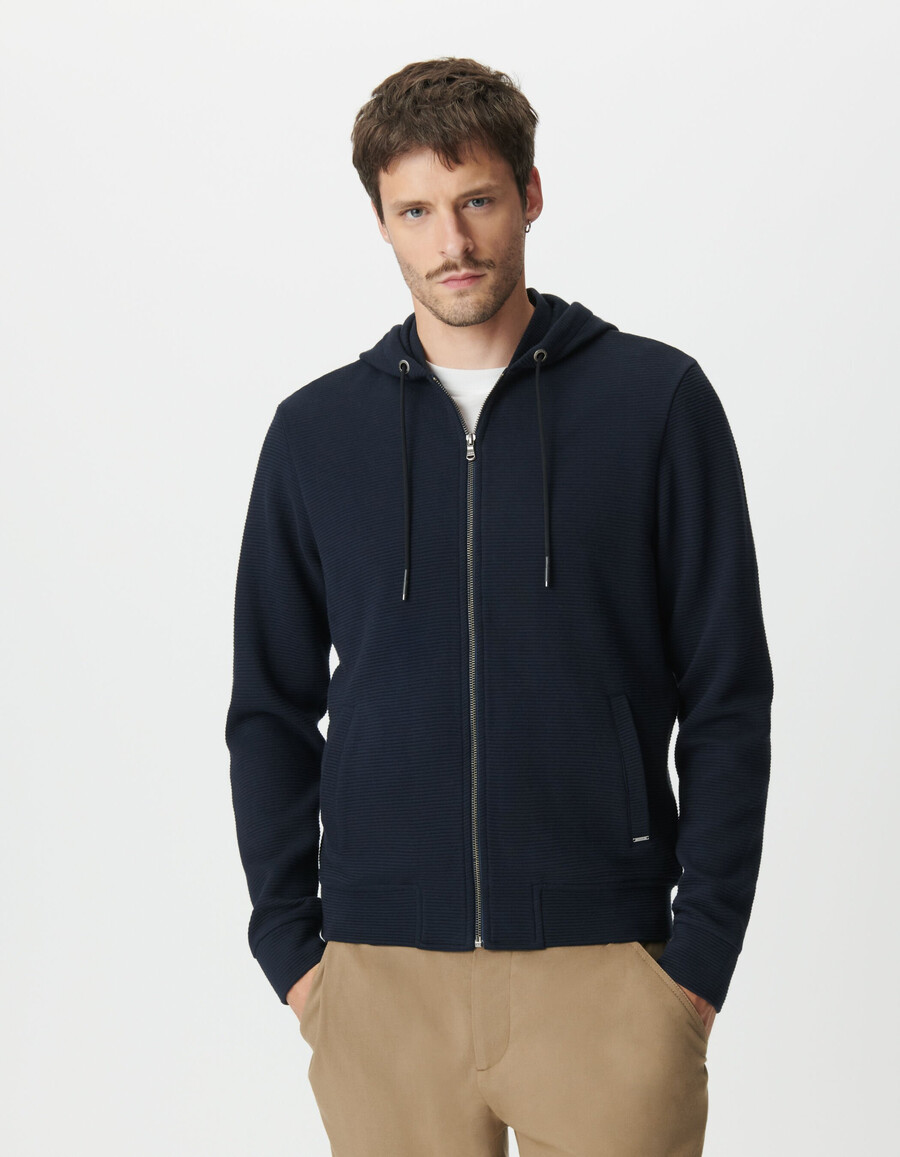 herren-strickjacke mit kapuze aus marineblauem baumwoll-ottoman-strick marineblau