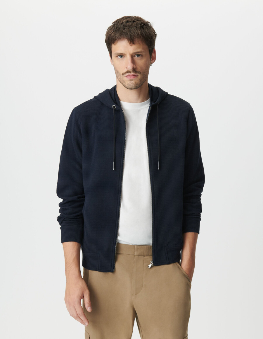 herren-strickjacke mit kapuze aus marineblauem baumwoll-ottoman-strick marineblau