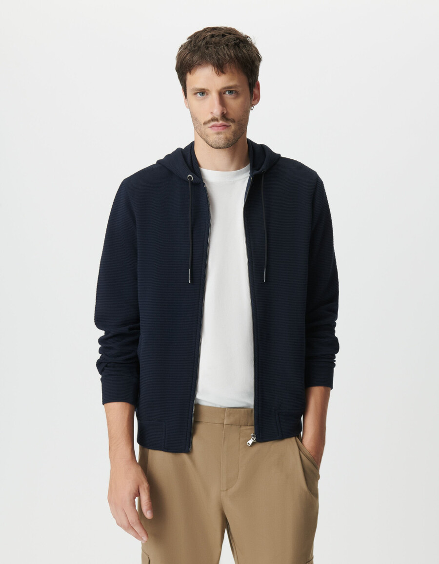 herren-strickjacke mit kapuze aus marineblauem baumwoll-ottoman-strick marineblau