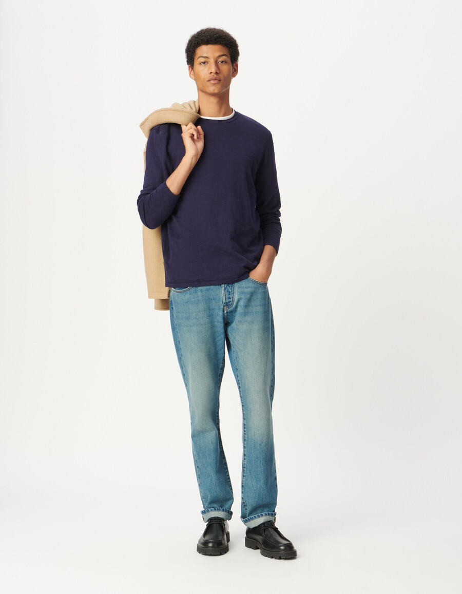 herrenpullover aus marineblauer bio-baumwolle mit slub-feinstrick