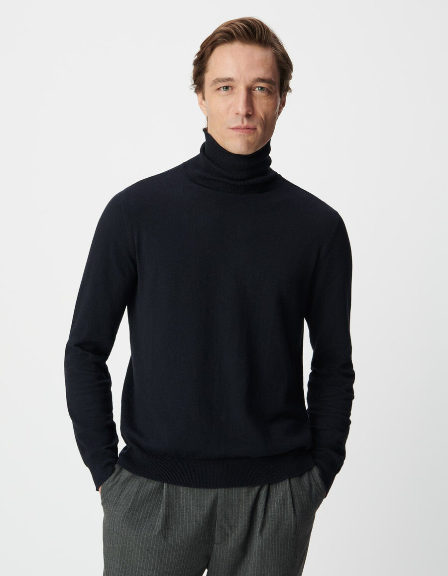 herren-rollkragenpullover aus marineblauem baumwoll-kaschmir-strick