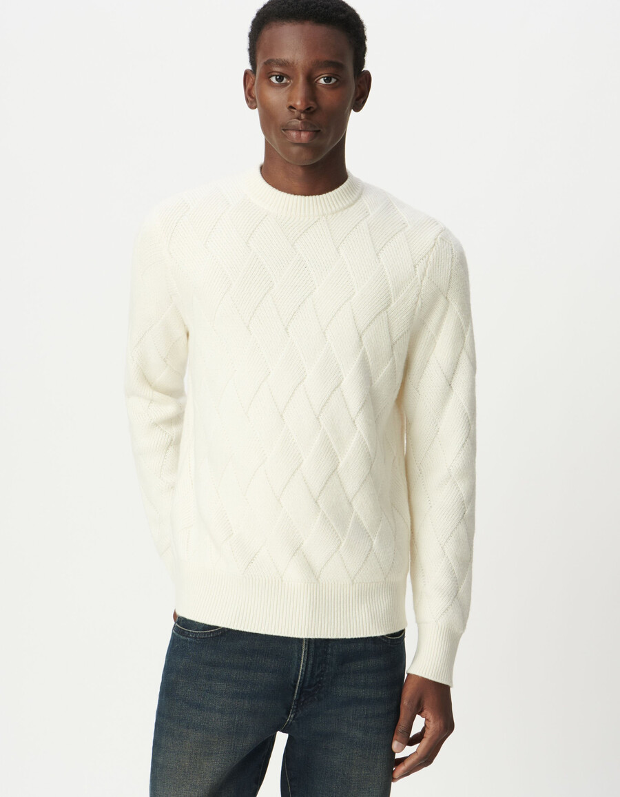weißer herren-strickpullover aus wollmischung mit zopfmuster