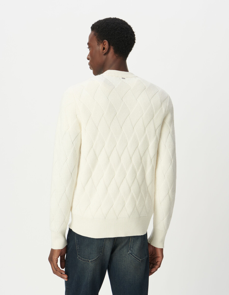weißer herren-strickpullover aus wollmischung mit zopfmuster