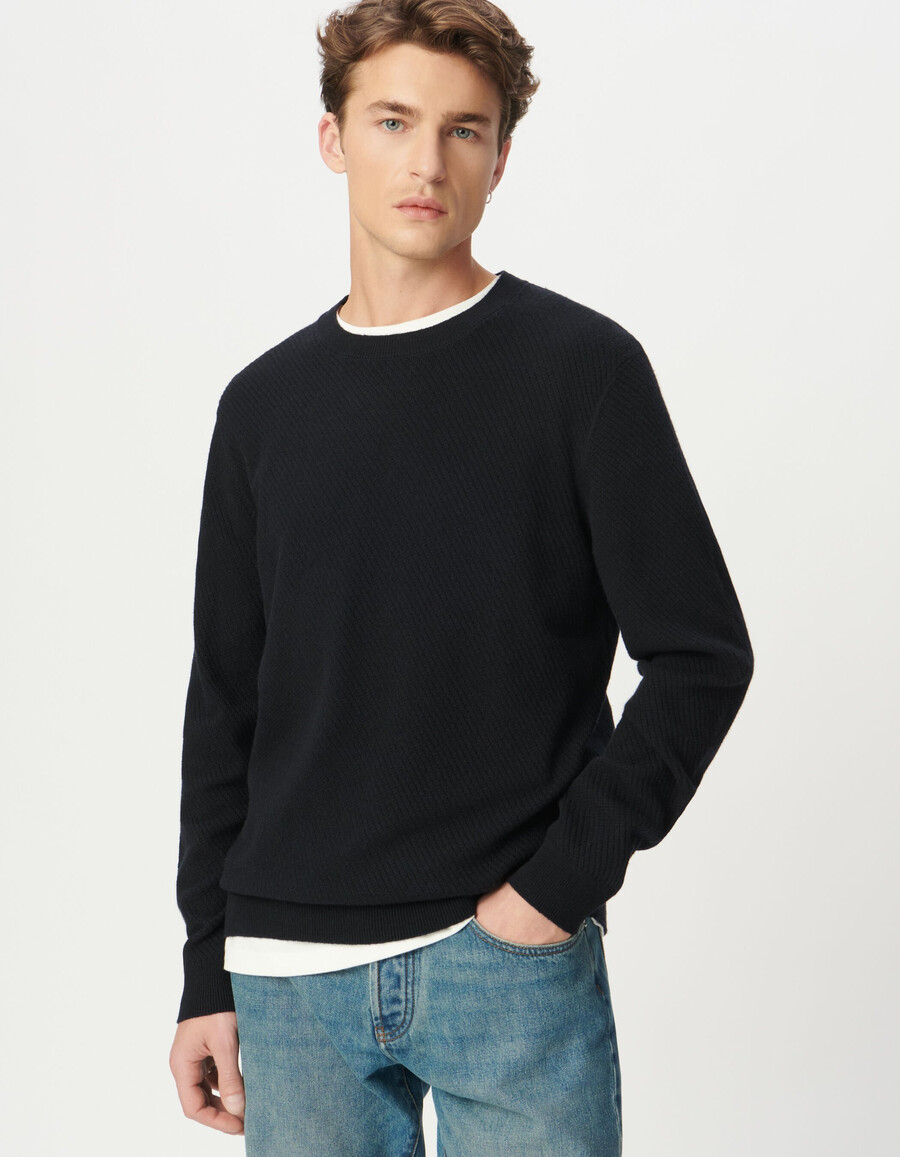 herren-strickpullover mit rundhalsausschnitt marineblau strukturiert