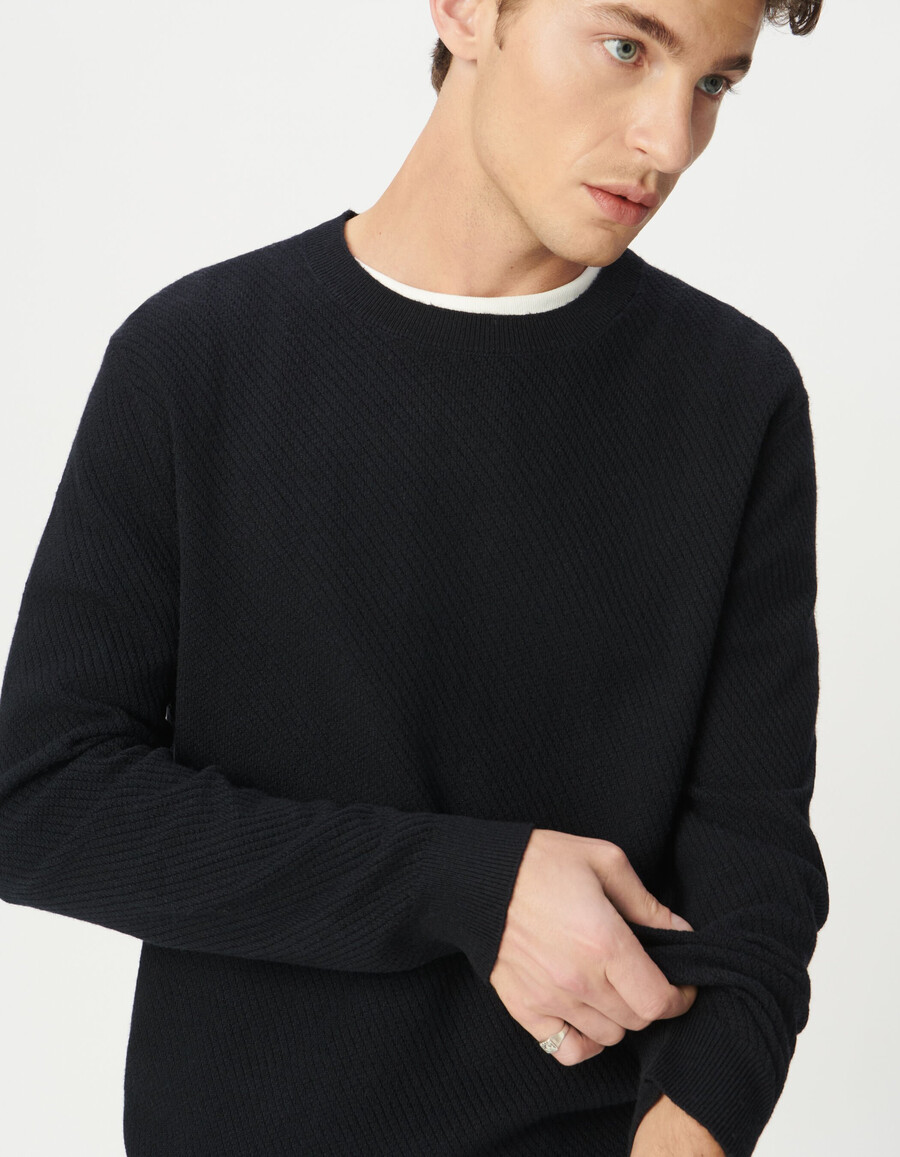 herren-strickpullover mit rundhalsausschnitt marineblau strukturiert
