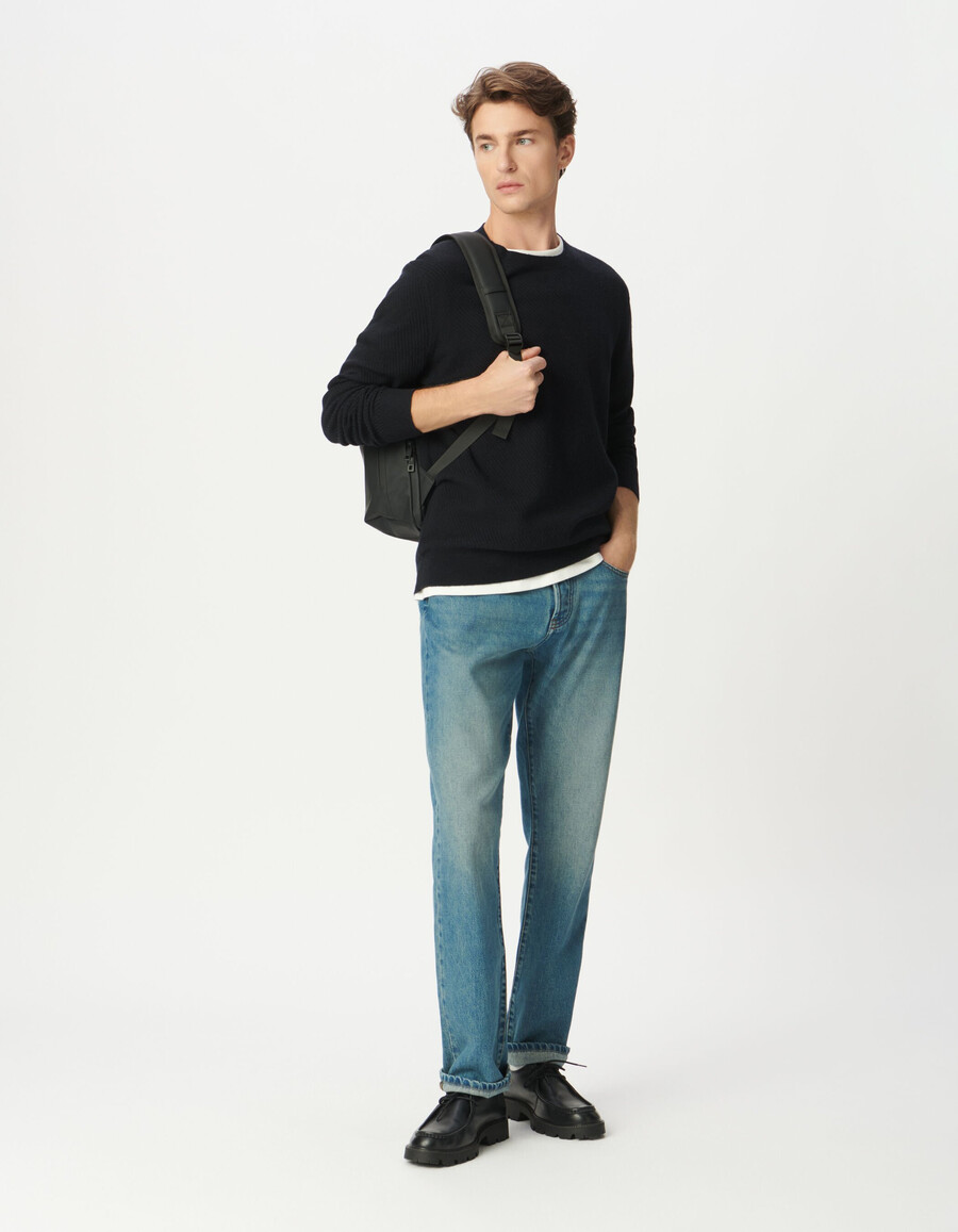 herren-strickpullover mit rundhalsausschnitt marineblau strukturiert