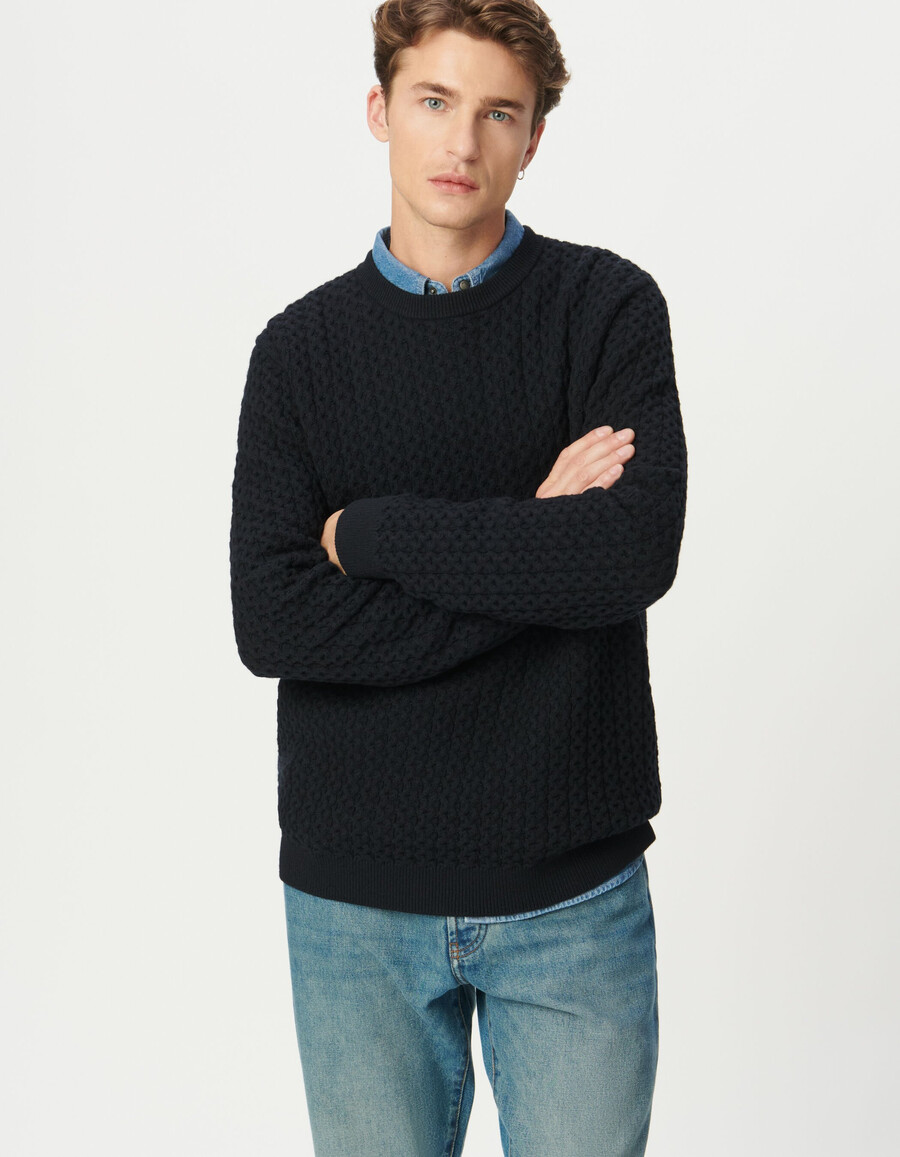 marineblauer dekorativer strukturierter strickpullover für herren – winterpullover