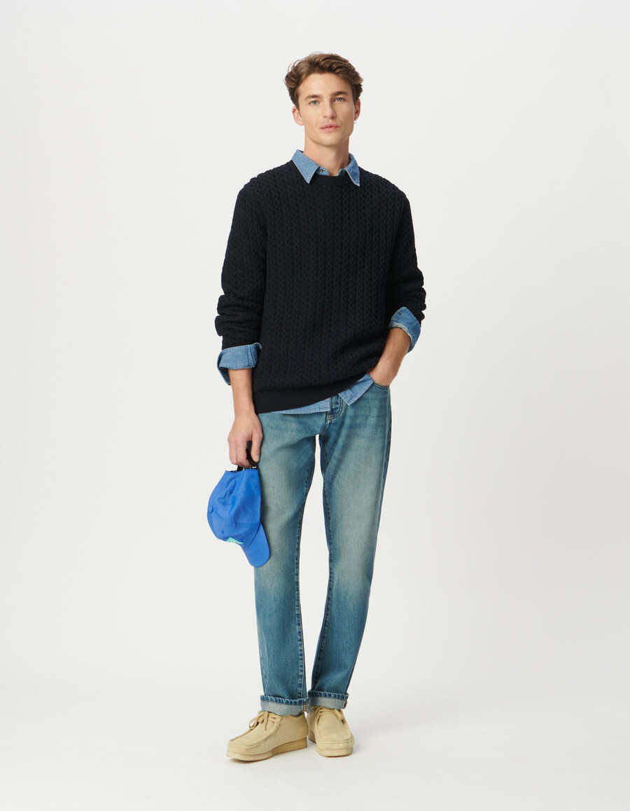marineblauer dekorativer strukturierter strickpullover für herren – winterpullover