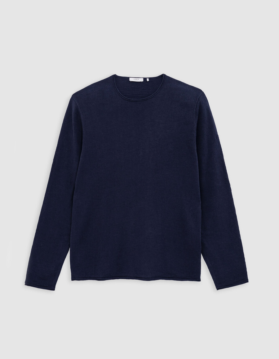 herren-feinstrickpullover in marineblau mit gerollten kanten