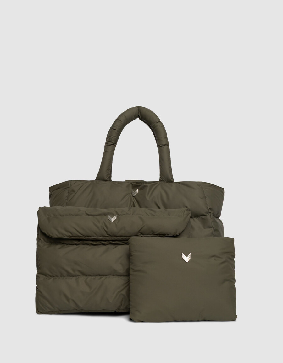 khakifarbene gesteppte nylon-computertasche für damen