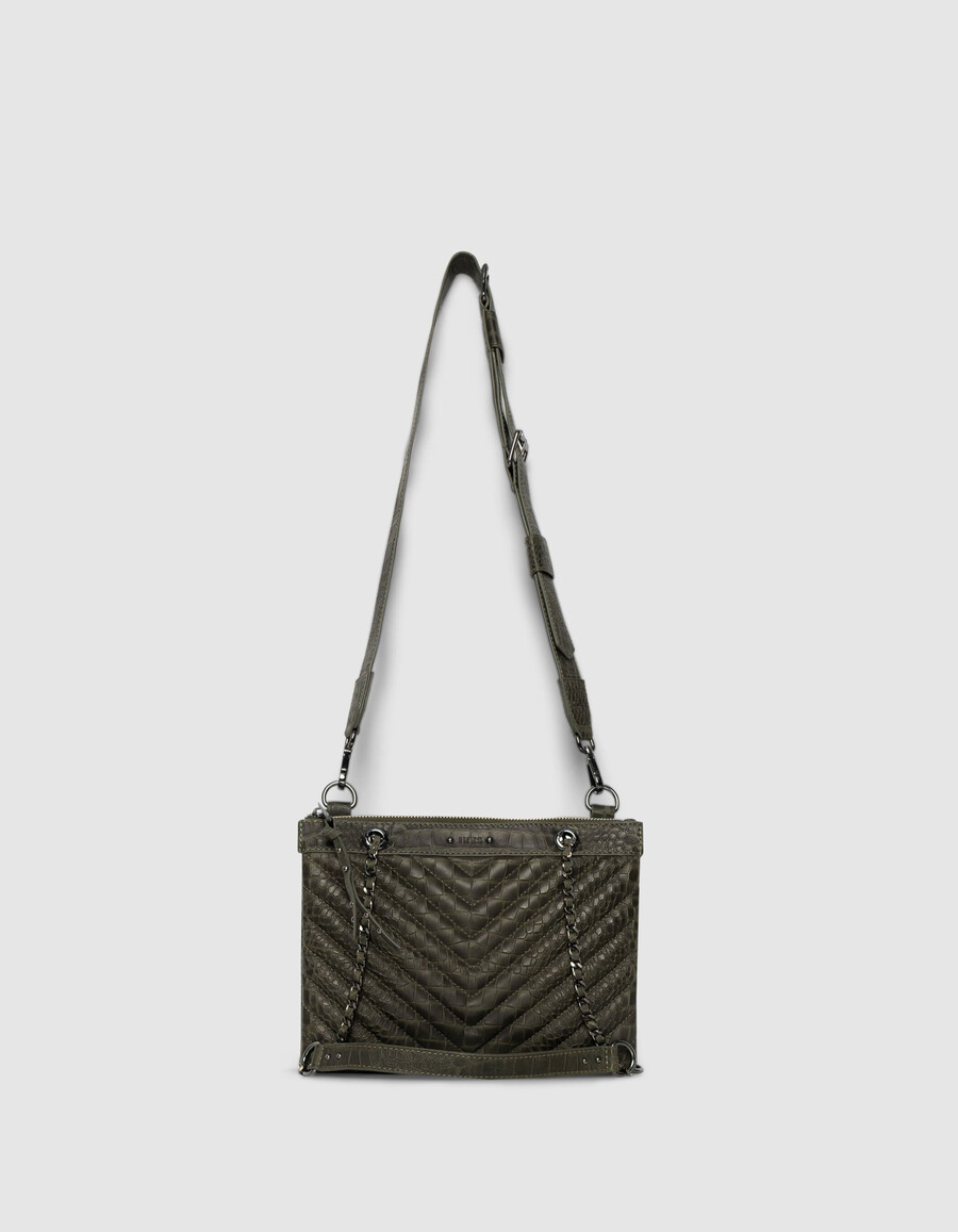 damen-clutch 1440 aus khakifarbenem leder in kroko-optik