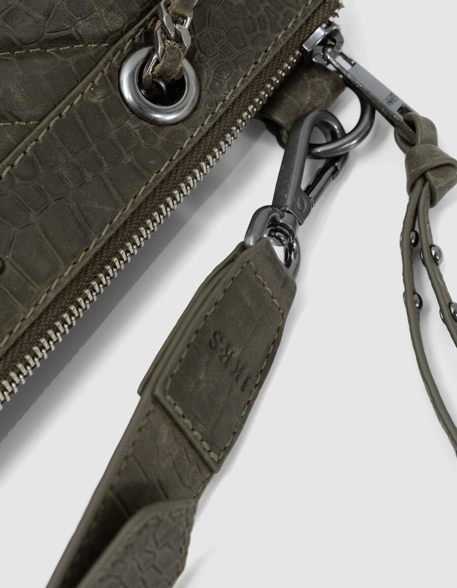 damen-clutch 1440 aus khakifarbenem leder in kroko-optik