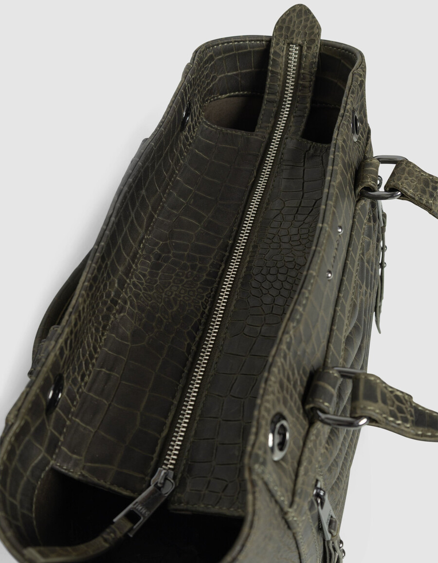damen-tragetasche 1440 aus khakifarbenem leder in kroko-optik größe m