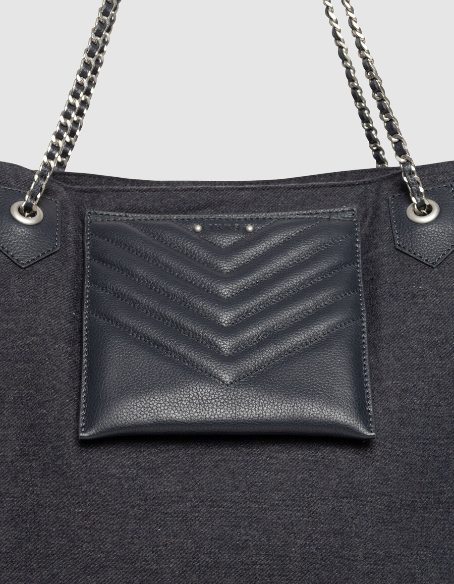 damen-tragetasche 1440 aus marineblauem flanell und leder größe xl