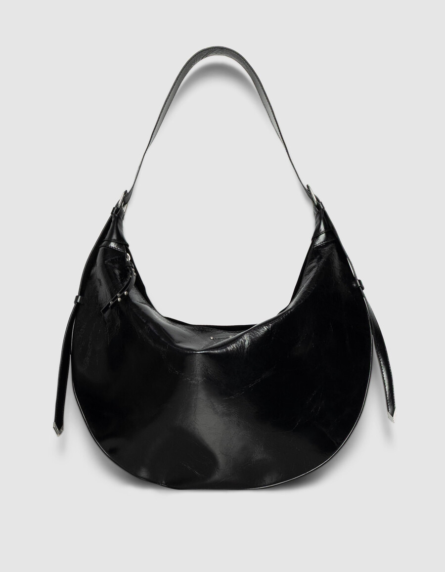 schwarze allane-halbmondtasche aus glasiertem leder für damen