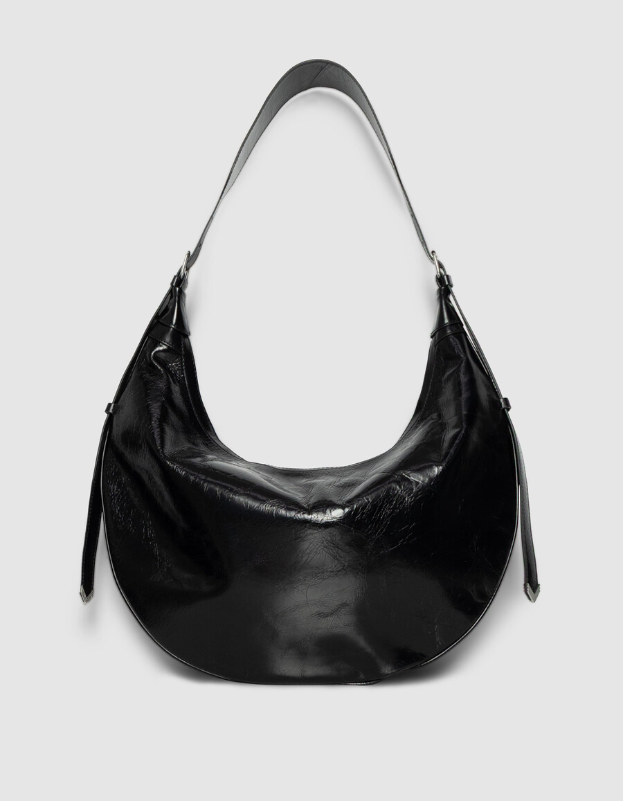 schwarze allane-halbmondtasche aus glasiertem leder für damen