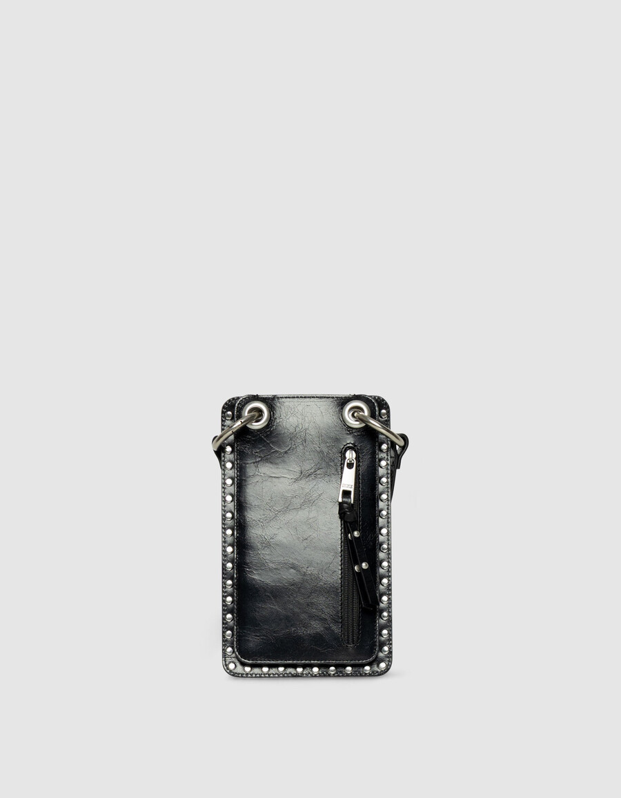 schwarze nietenbesetzte handytasche „the 111 aus lackleder für damen