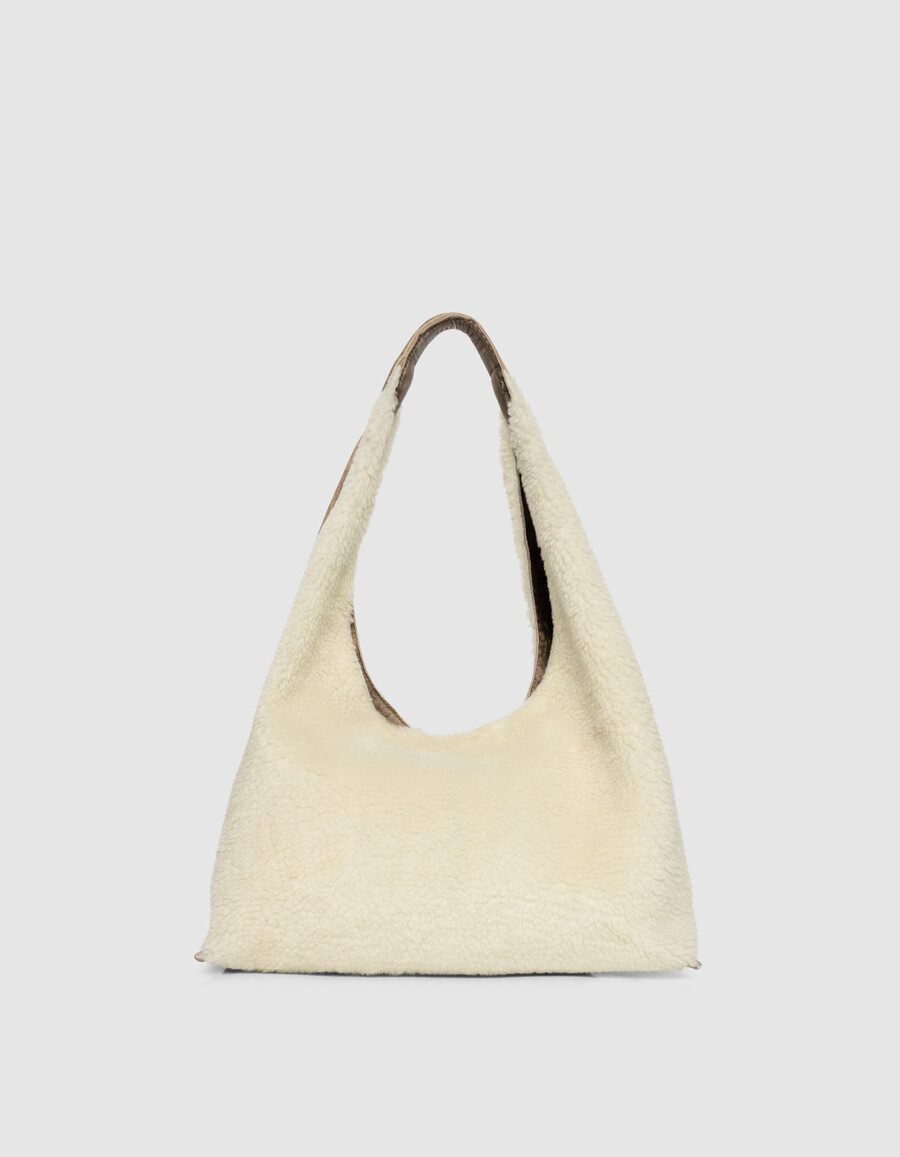 damen-hobo-tasche aus cremefarbenem shearling- und ledermix