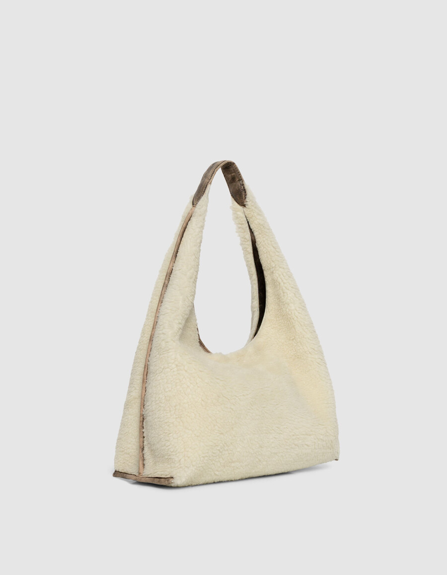 damen-hobo-tasche aus cremefarbenem shearling- und ledermix