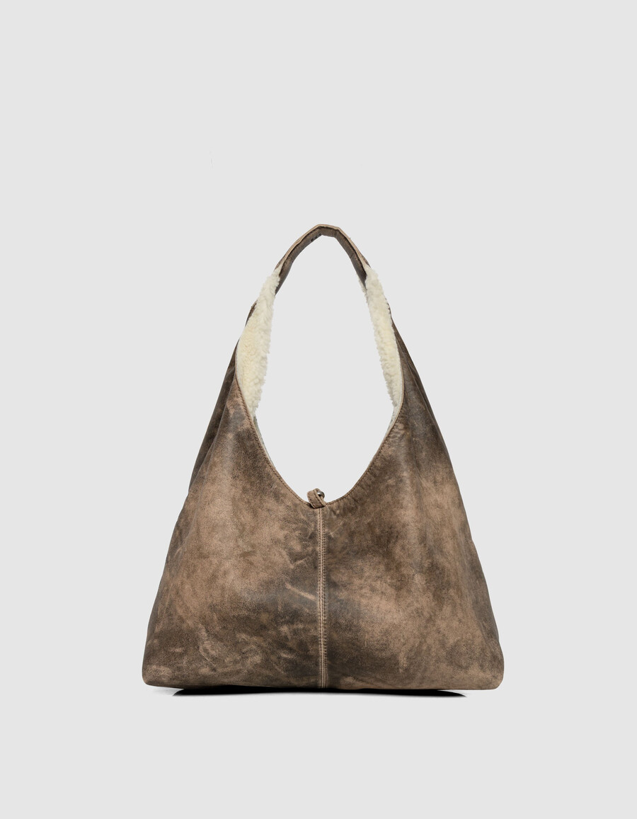 damen-hobo-tasche aus cremefarbenem shearling- und ledermix