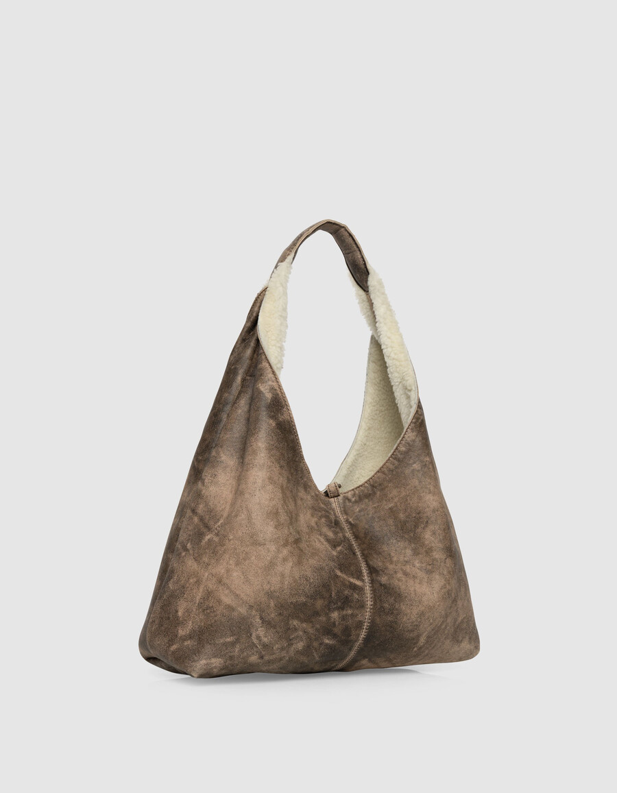 damen-hobo-tasche aus cremefarbenem shearling- und ledermix
