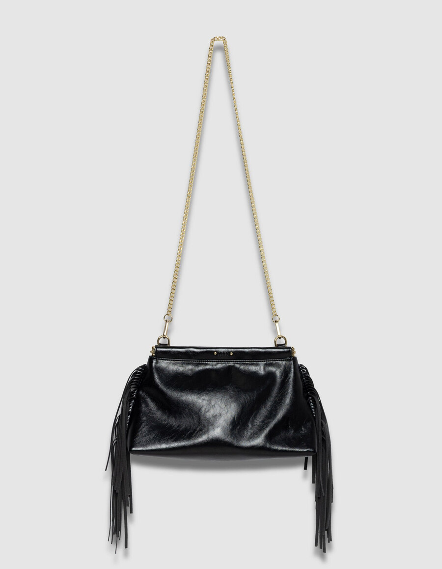 schwarze clutch-tasche aus glasiertem leder mit fransen für damen
