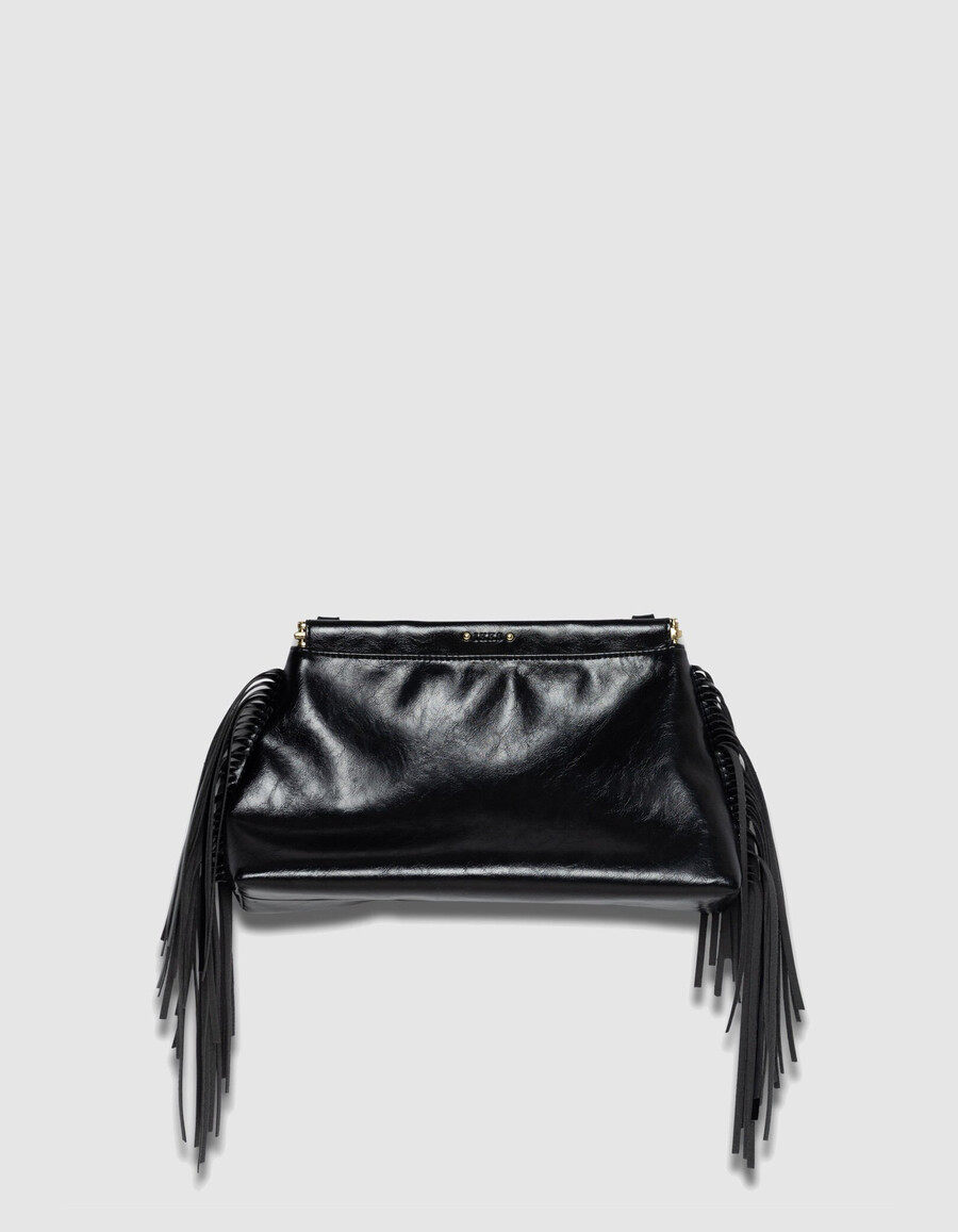 schwarze clutch-tasche aus glasiertem leder mit fransen für damen