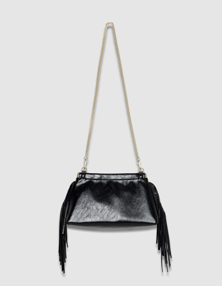 schwarze clutch-tasche aus glasiertem leder mit fransen für damen