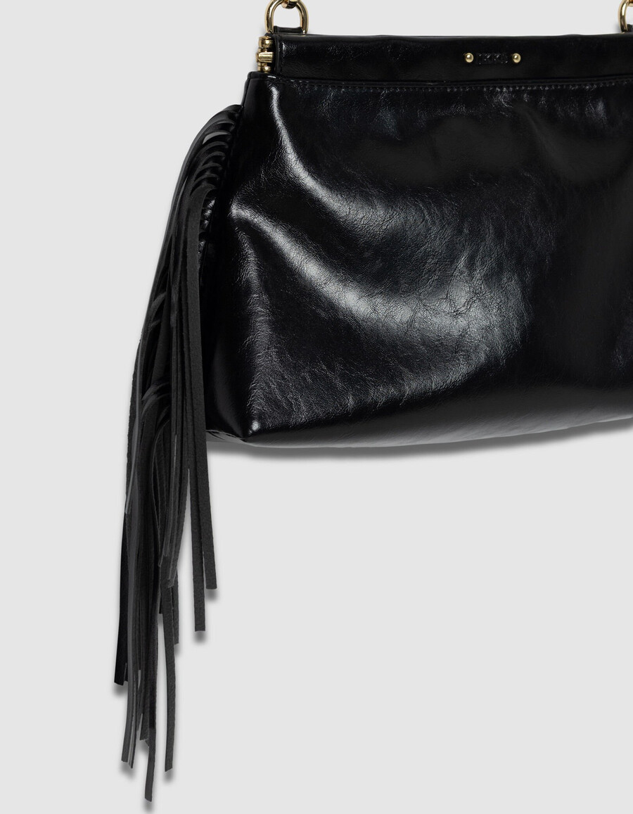 schwarze clutch-tasche aus glasiertem leder mit fransen für damen