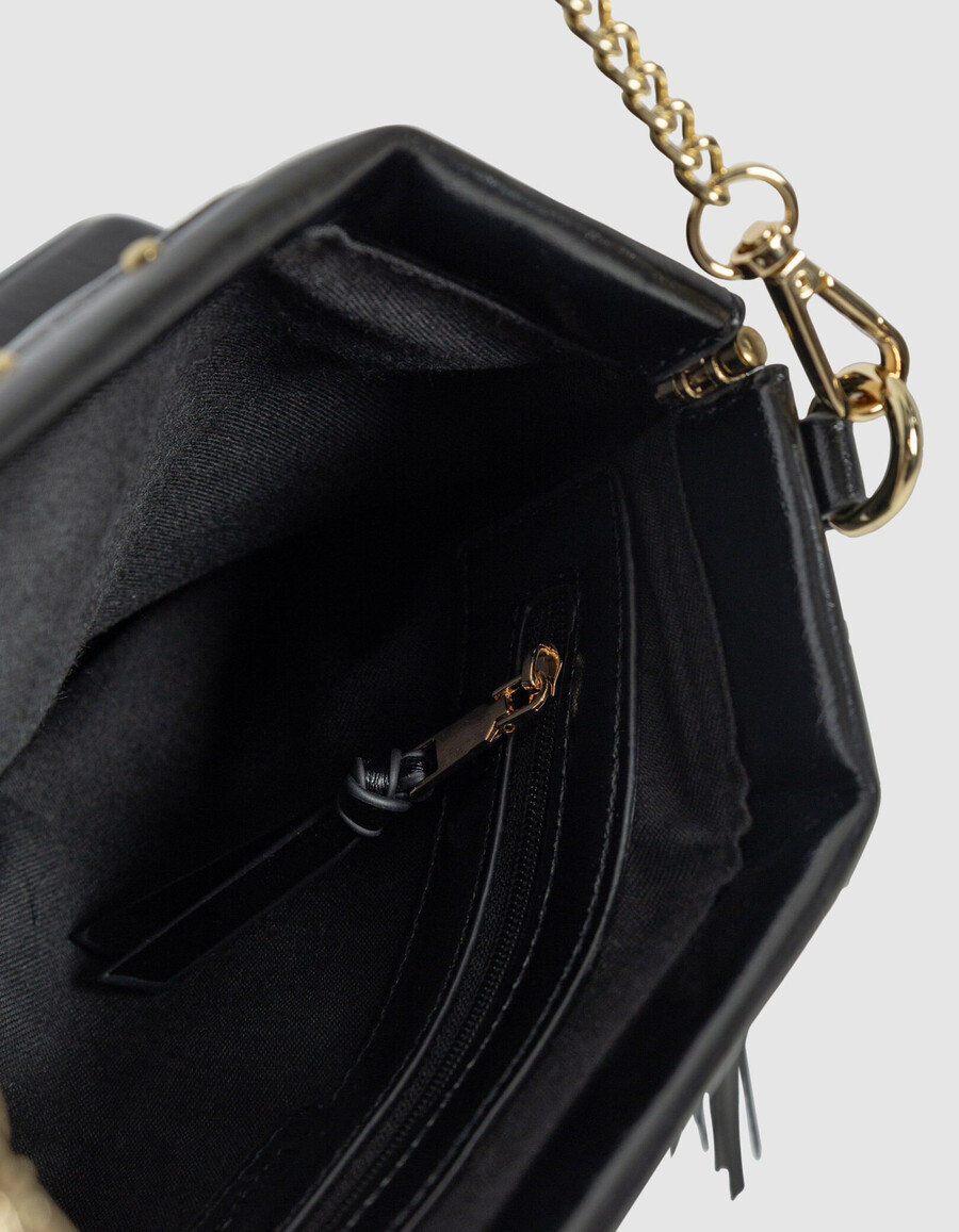 schwarze clutch-tasche aus glasiertem leder mit fransen für damen