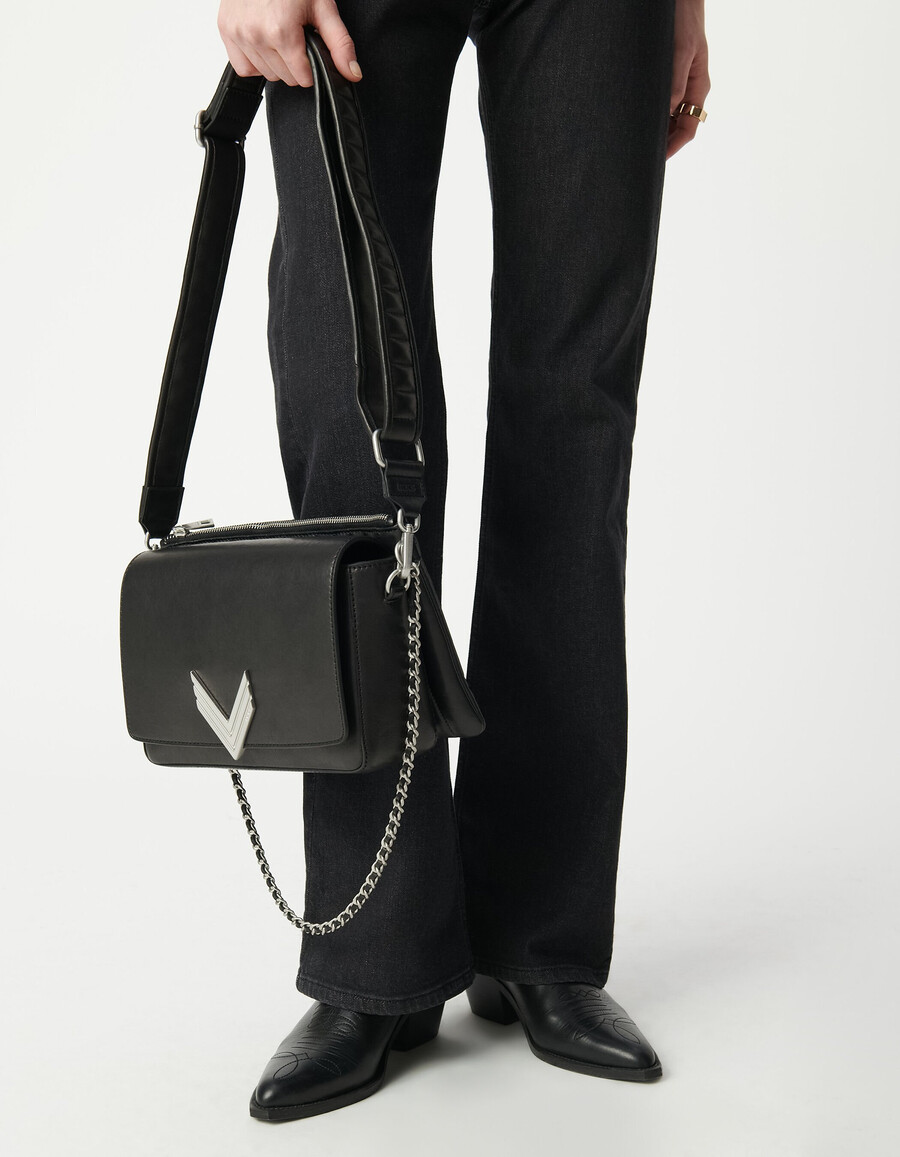die 111 romy tasche aus schwarzem leder mit silbernen metallelementen für damen