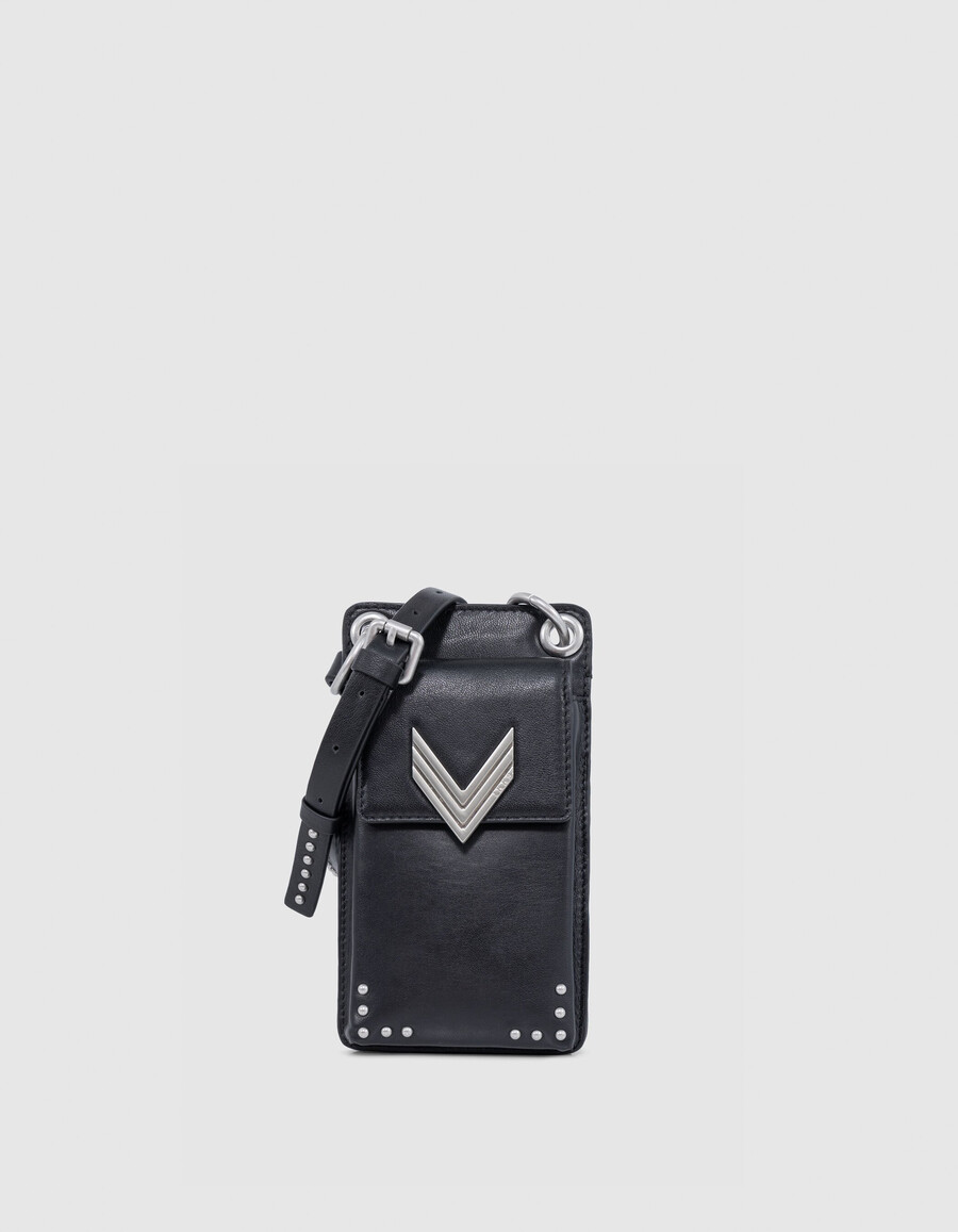 handytasche 111 schwarze leder-schulterriemen-nieten damen