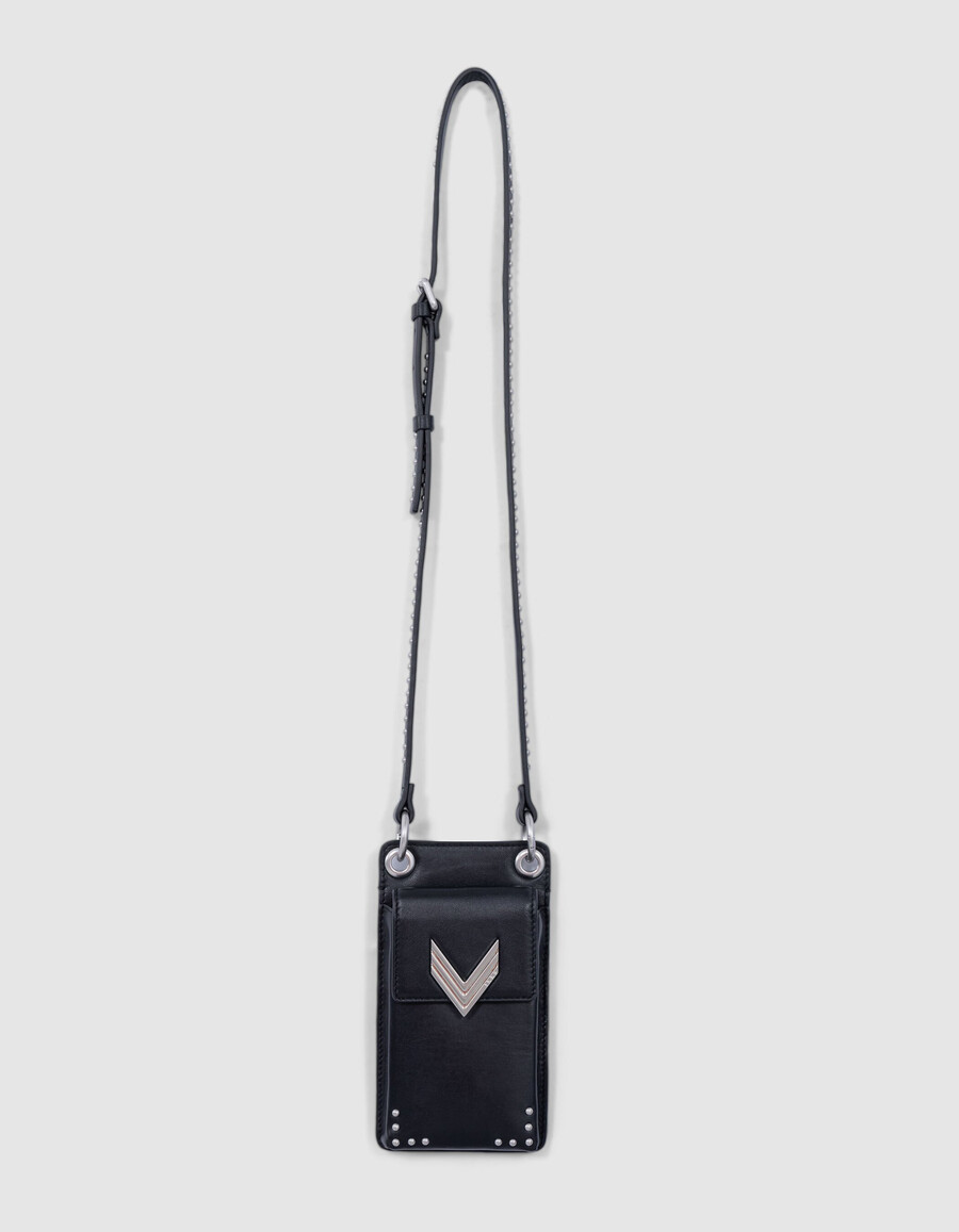 handytasche 111 schwarze leder-schulterriemen-nieten damen