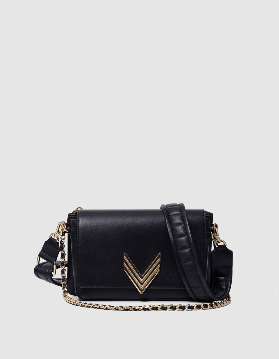 die 111 romy tasche aus schwarzem leder mit goldfarbenen metallic-metallic-details für damen