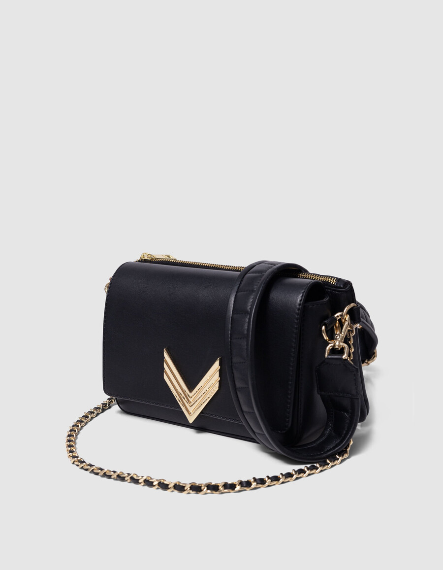 die 111 romy tasche aus schwarzem leder mit goldfarbenen metallic-metallic-details für damen