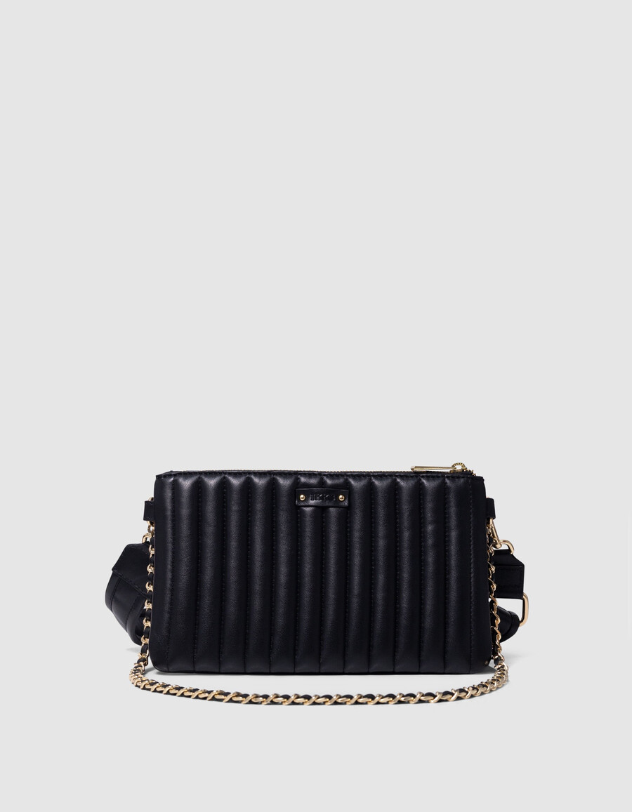 die 111 romy tasche aus schwarzem leder mit goldfarbenen metallic-metallic-details für damen