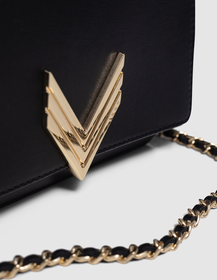 die 111 romy tasche aus schwarzem leder mit goldfarbenen metallic-metallic-details für damen