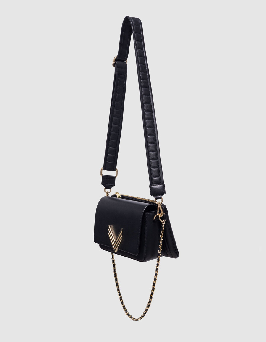 die 111 romy tasche aus schwarzem leder mit goldfarbenen metallic-metallic-details für damen